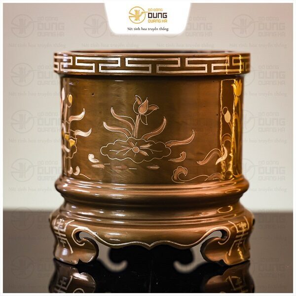 Bát hương thờ cúng bằng đồng khảm tam khí dát điểm vàng 15,5cm