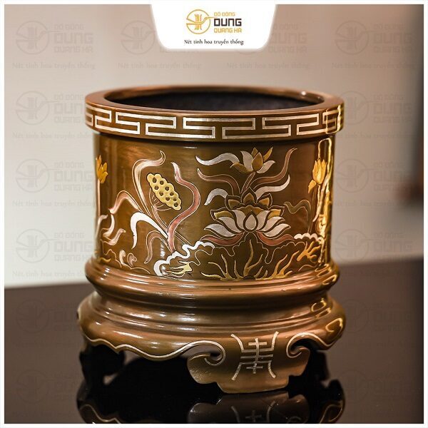 Bát hương thờ cúng bằng đồng khảm tam khí dát điểm vàng 15,5cm