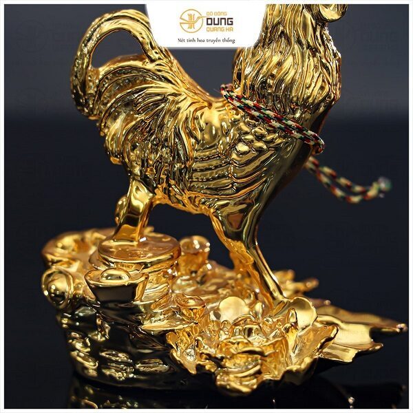 Tượng gà trống hoa hồng bằng đồng vàng mạ vàng size 12x10cm