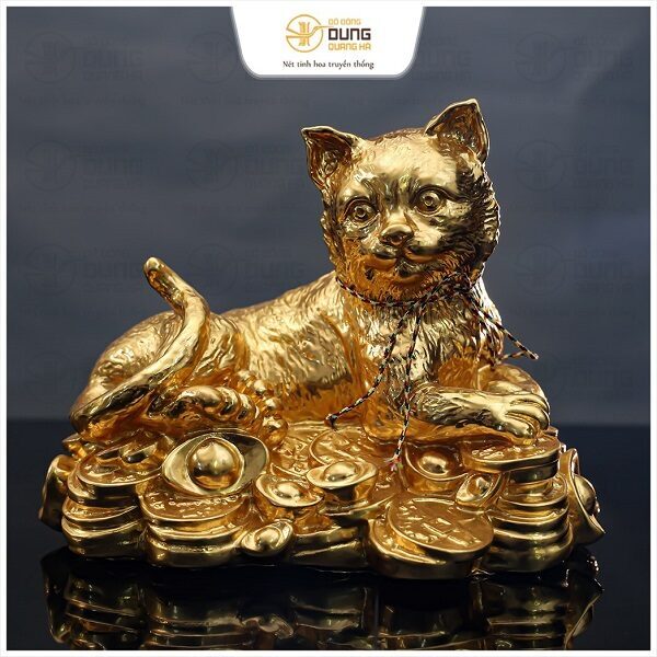 Tượng mèo bằng đồng dát vàng chiêu tài chiêu lộc kích thước 16x19x1,2cm