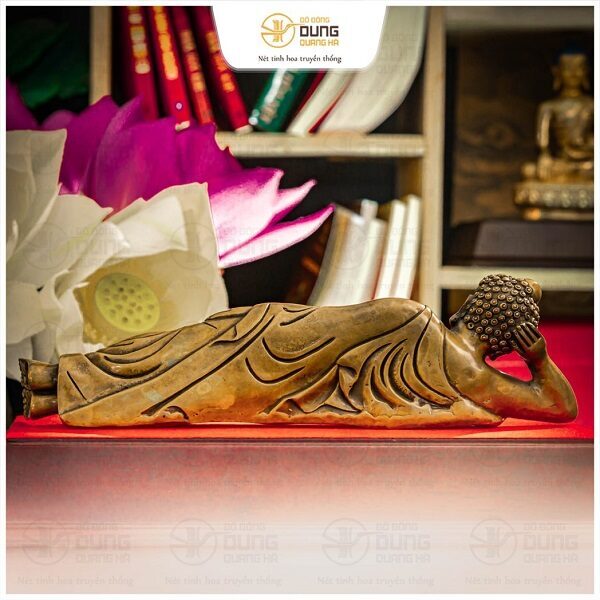 Tượng Phật Adida nằm bằng đồng vàng cao 8cm ngang 28cm