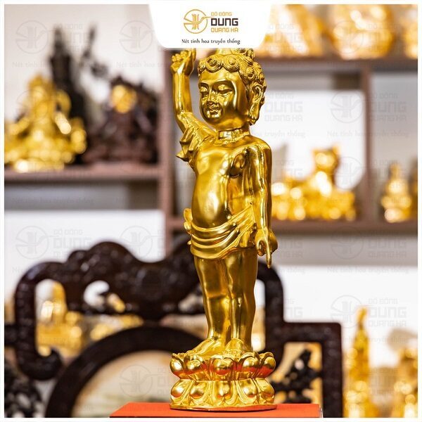 Tượng Phật Đản Sinh đứng đài sen bằng đồng vàng cao 40cm