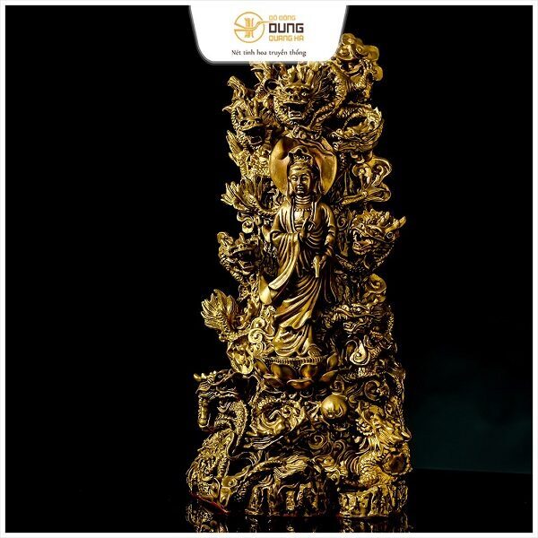 Tượng Phật Quan Âm đứng trên tòa cửu long bằng đồng vàng