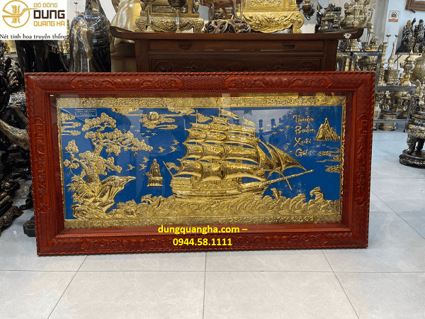 Tranh đồng Thuận Buồm Xuôi Gió dát vàng khung gỗ hương khổ 1m7 x 90cm