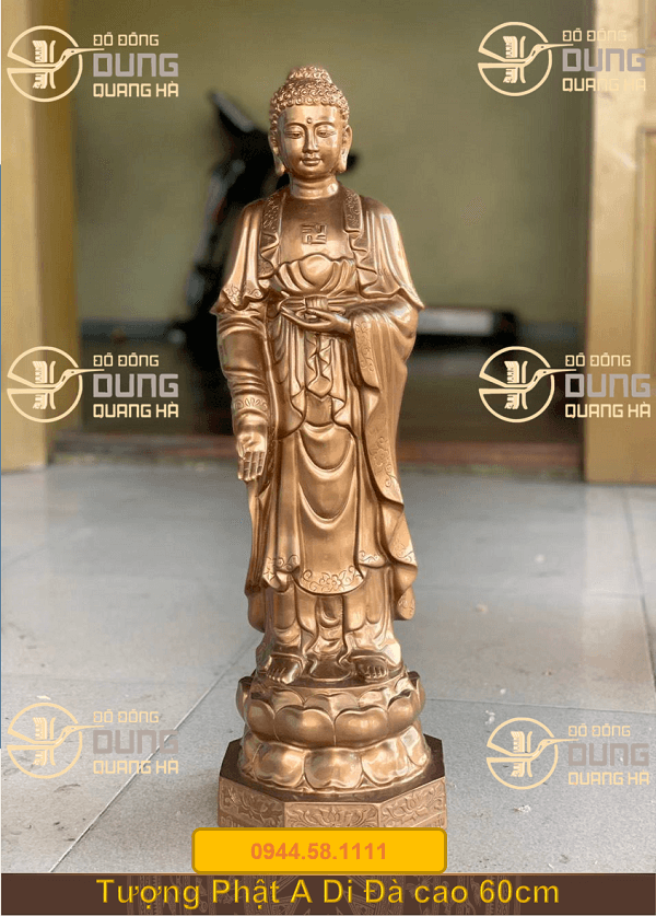 Tượng Phật A Di Đà đứng tiếp dẫn bằng đồng đỏ cao 60cm
