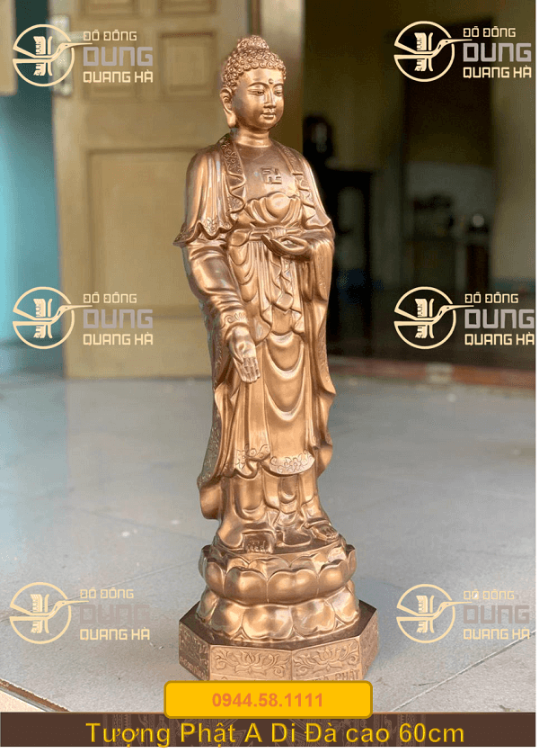 Tượng Phật A Di Đà đứng tiếp dẫn bằng đồng đỏ cao 60cm