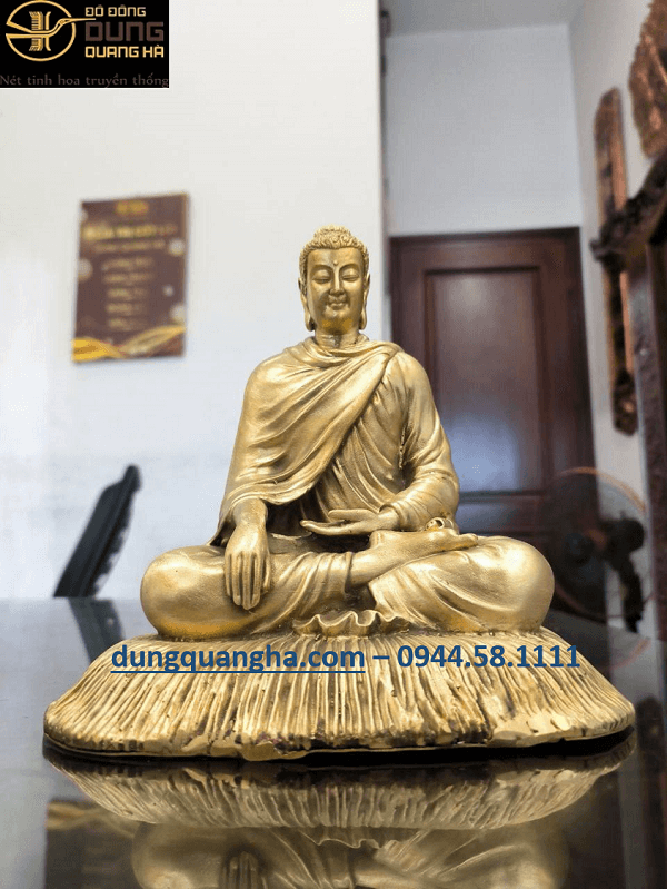 Tượng Phật Thích Ca ngồi thiền trên bệ rơm bằng đồng vàng cao 20cm