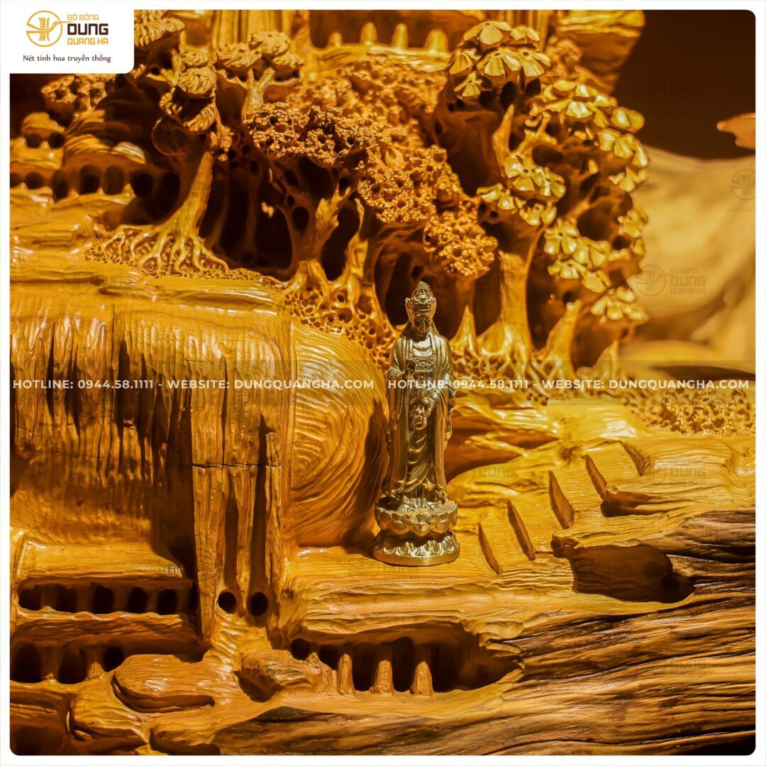 Tượng Phật Quan Thế  Âm Bồ Tát dáng đứng đồng vàng cao 10cm