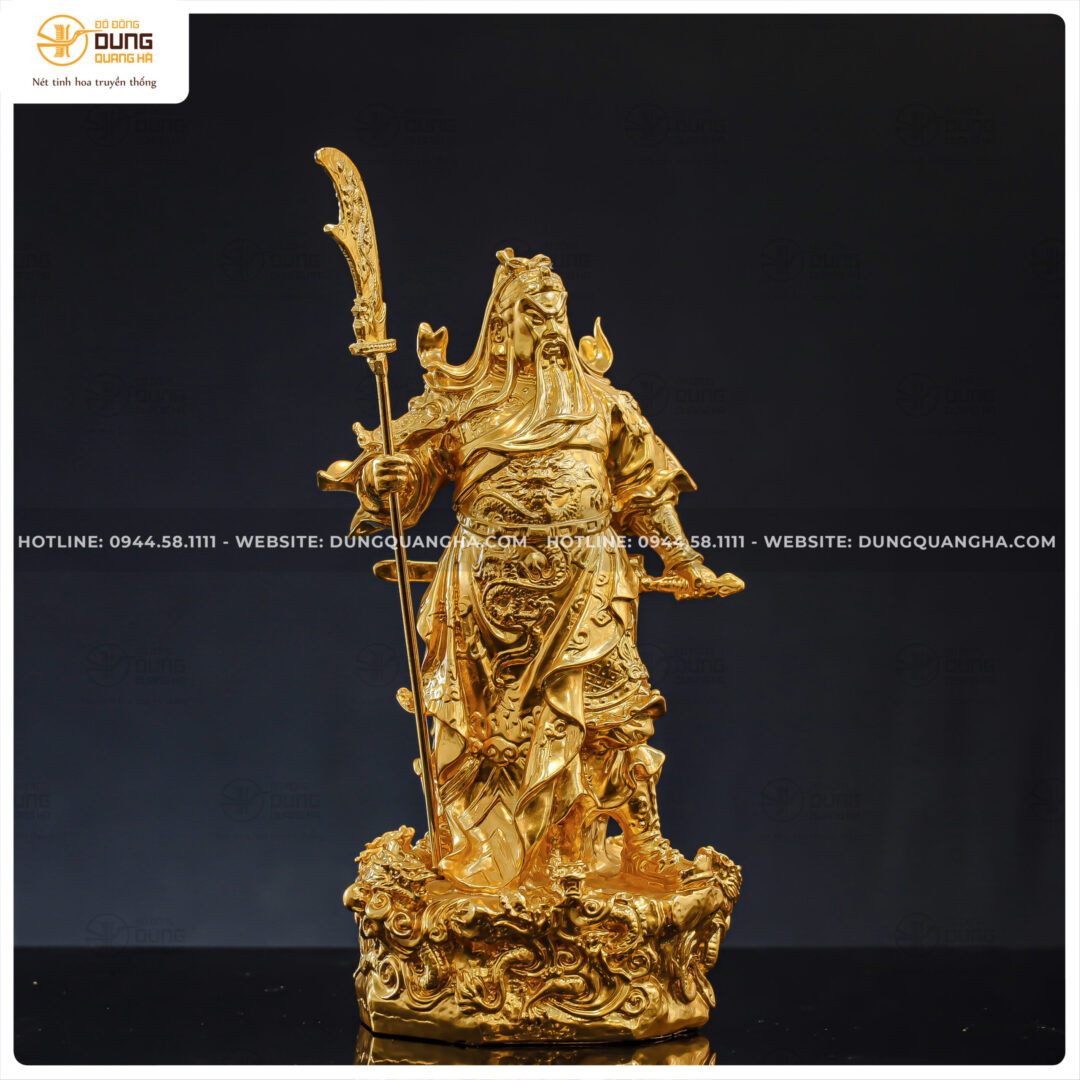 Tượng Quan Công đứng trên bệ rồng dát vàng 9999 cao 36cm