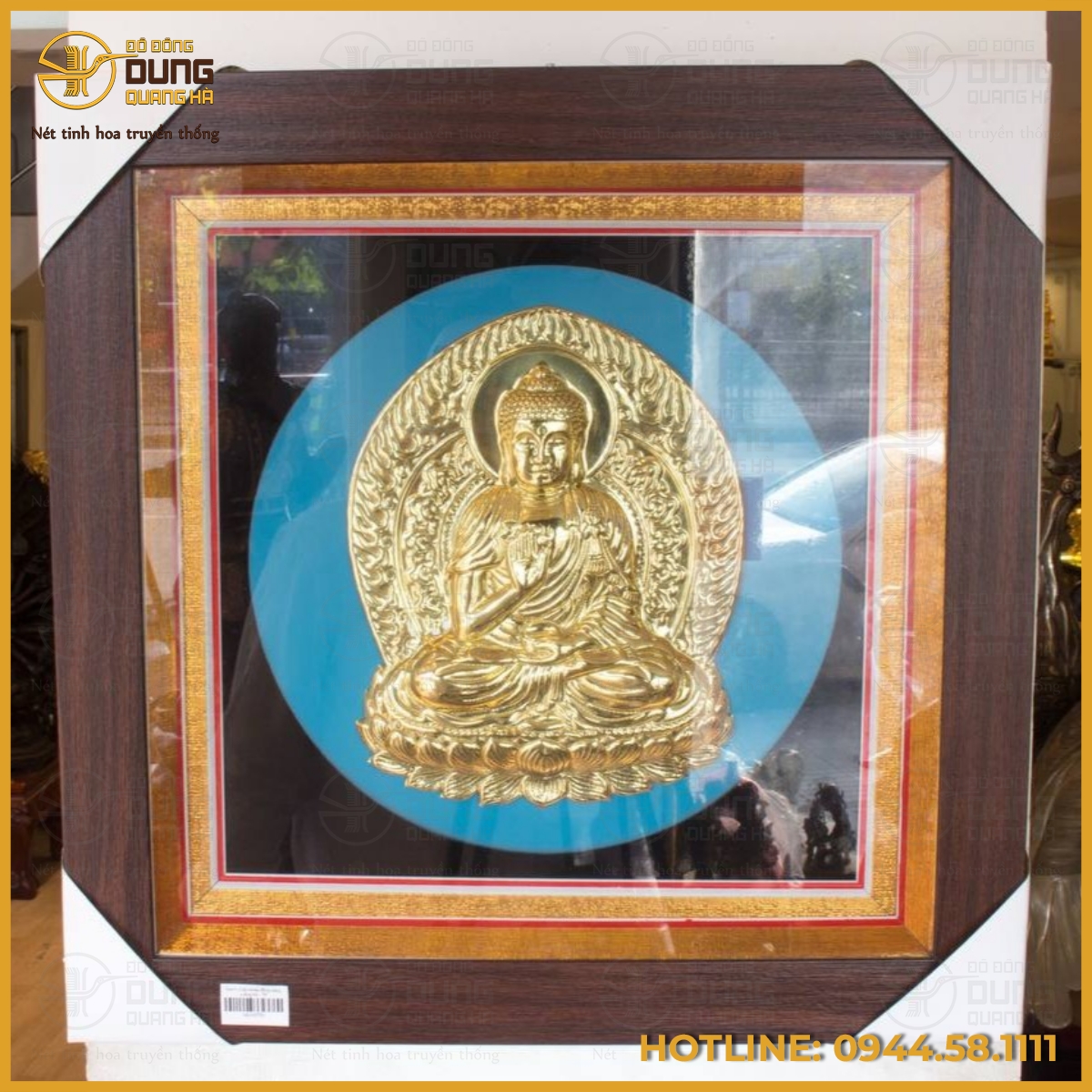 Tranh Phật bằng đồng vàng khung vuông cạnh 49cm