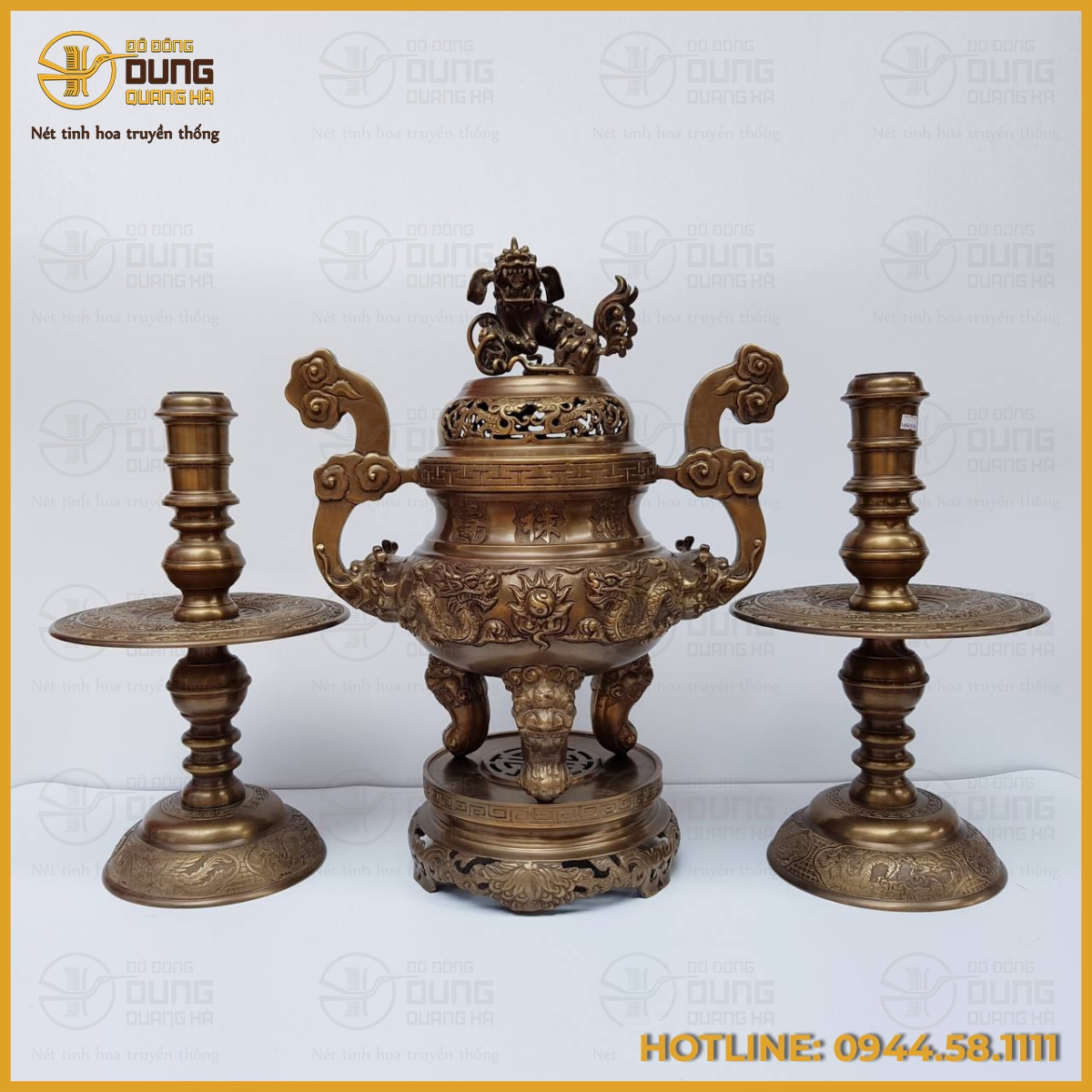 Bộ tam sự nến song long chầu nguyệt hun nâu Bộ tam sự nến song long chầu nguyệt hun nâu