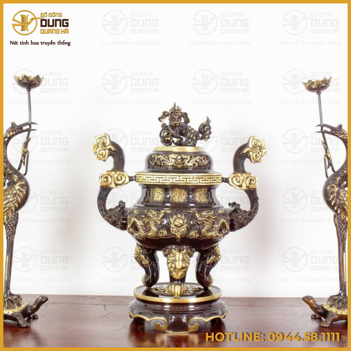 Bộ tam sự hạc đỉnh chạm song long đồng vàng hai lai Bộ tam sự hạc đỉnh chạm song long đồng vàng hai lai