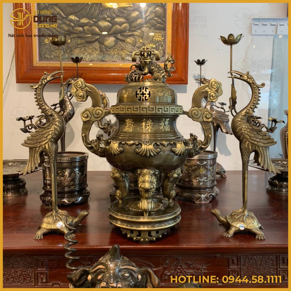 Bộ tam sự hạc chạm hoa sòi đồng vàng hai công nghệ Bộ tam sự hạc chạm hoa sòi đồng vàng hai công nghệ