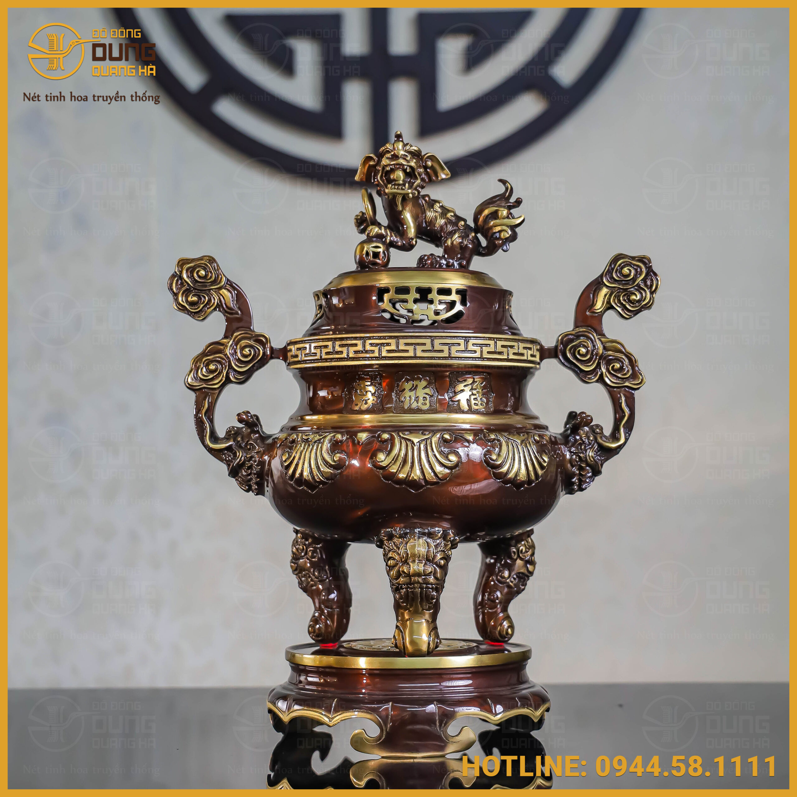 Đỉnh chạm hoa sòi đồng vàng hai lai cao 45cm