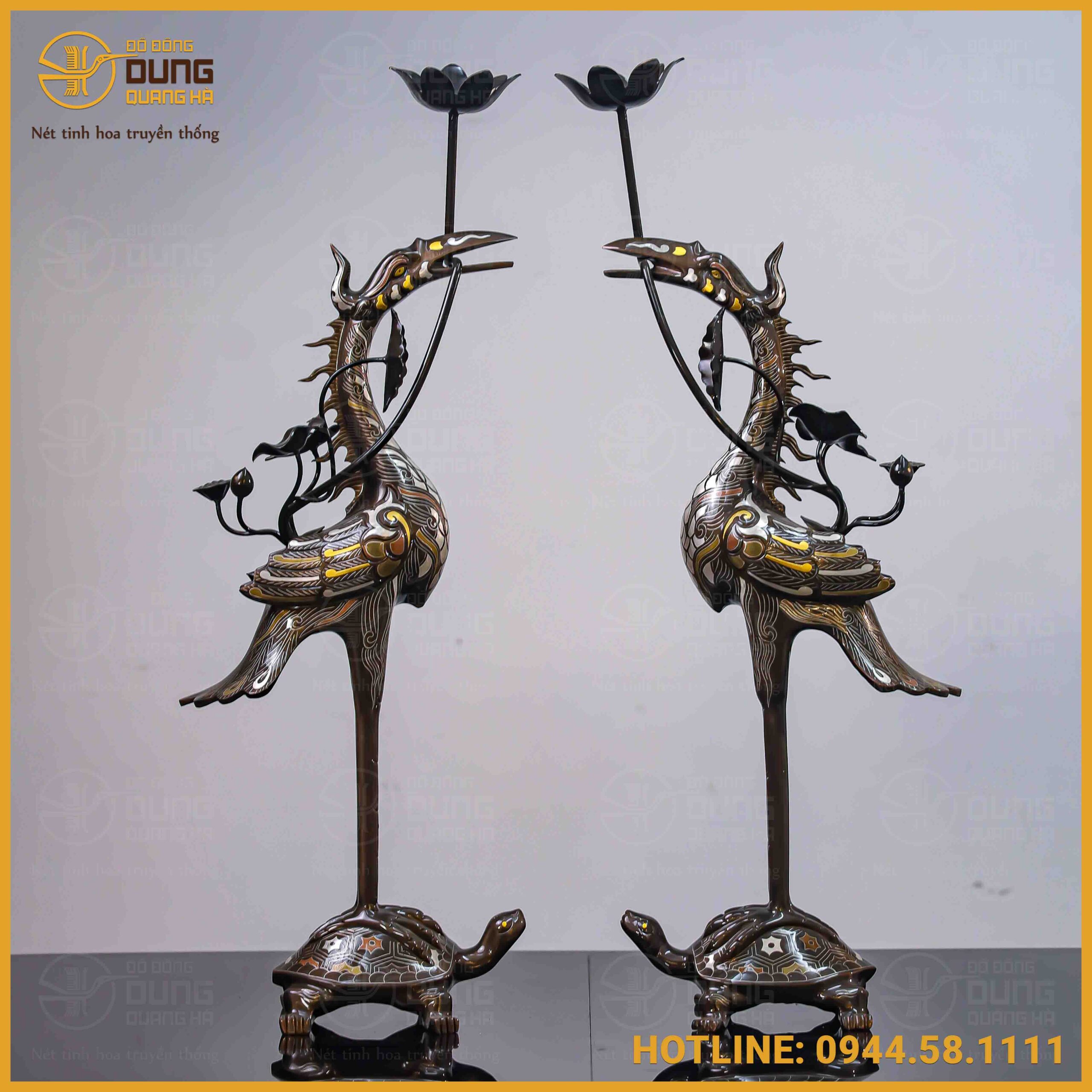 Đôi hạc ngậm sen đồng đỏ khảm ngũ sắc cao 50cm