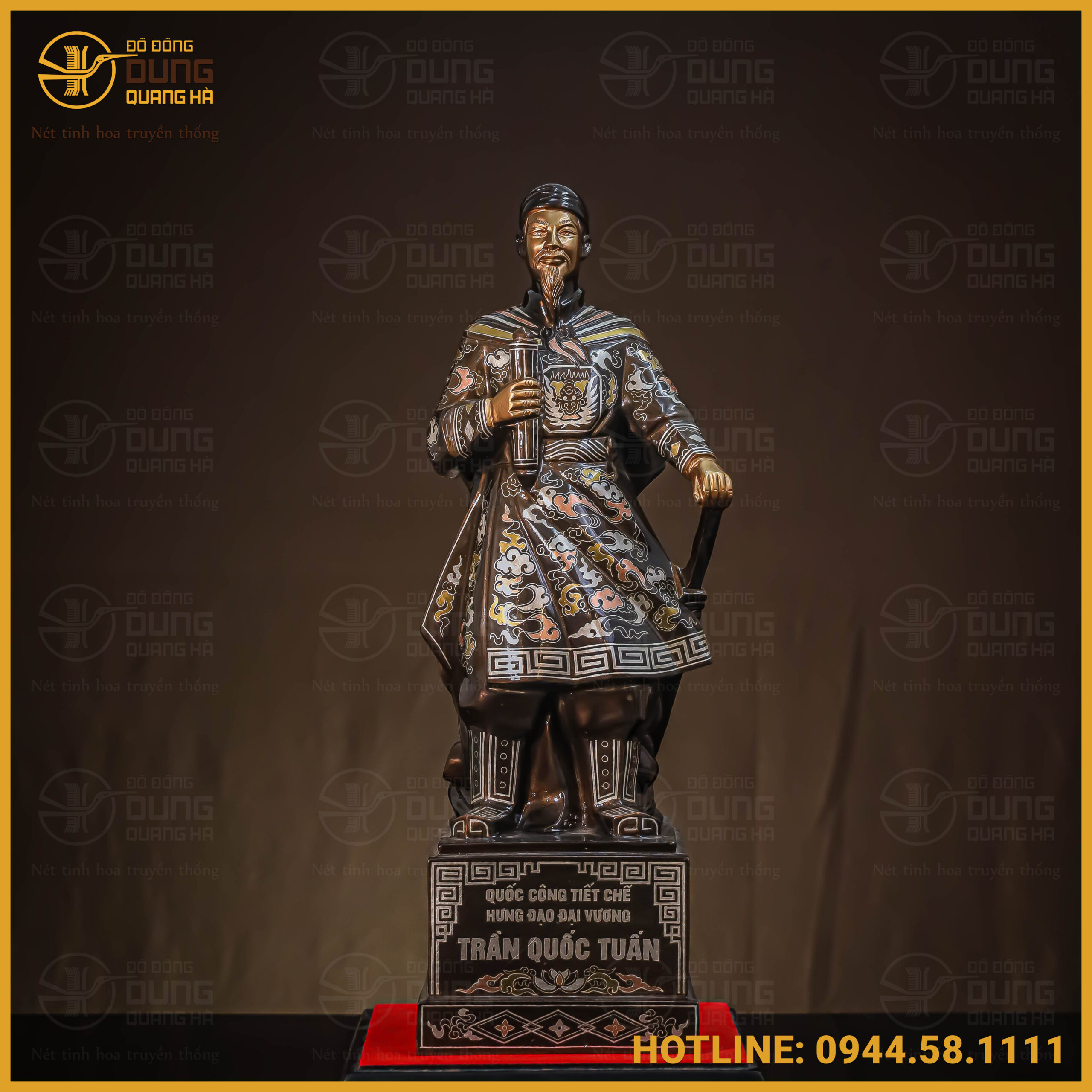Tượng Trần Hưng Đạo đồng đỏ khảm tam khí kĩ cao 38cm
