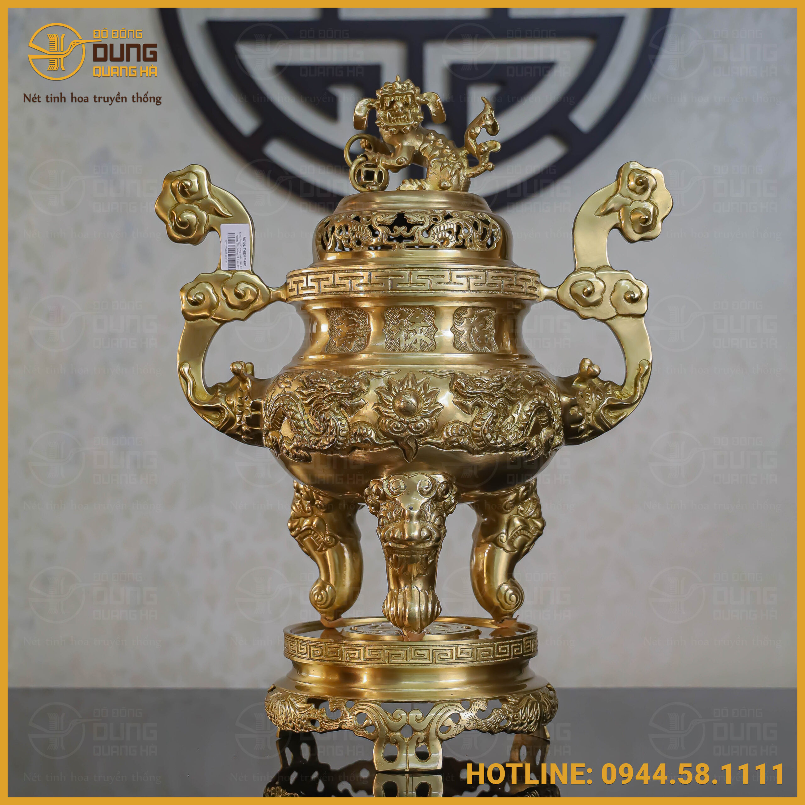 Đỉnh song long chầu nguyệt đồng vàng mộc cao 50cm