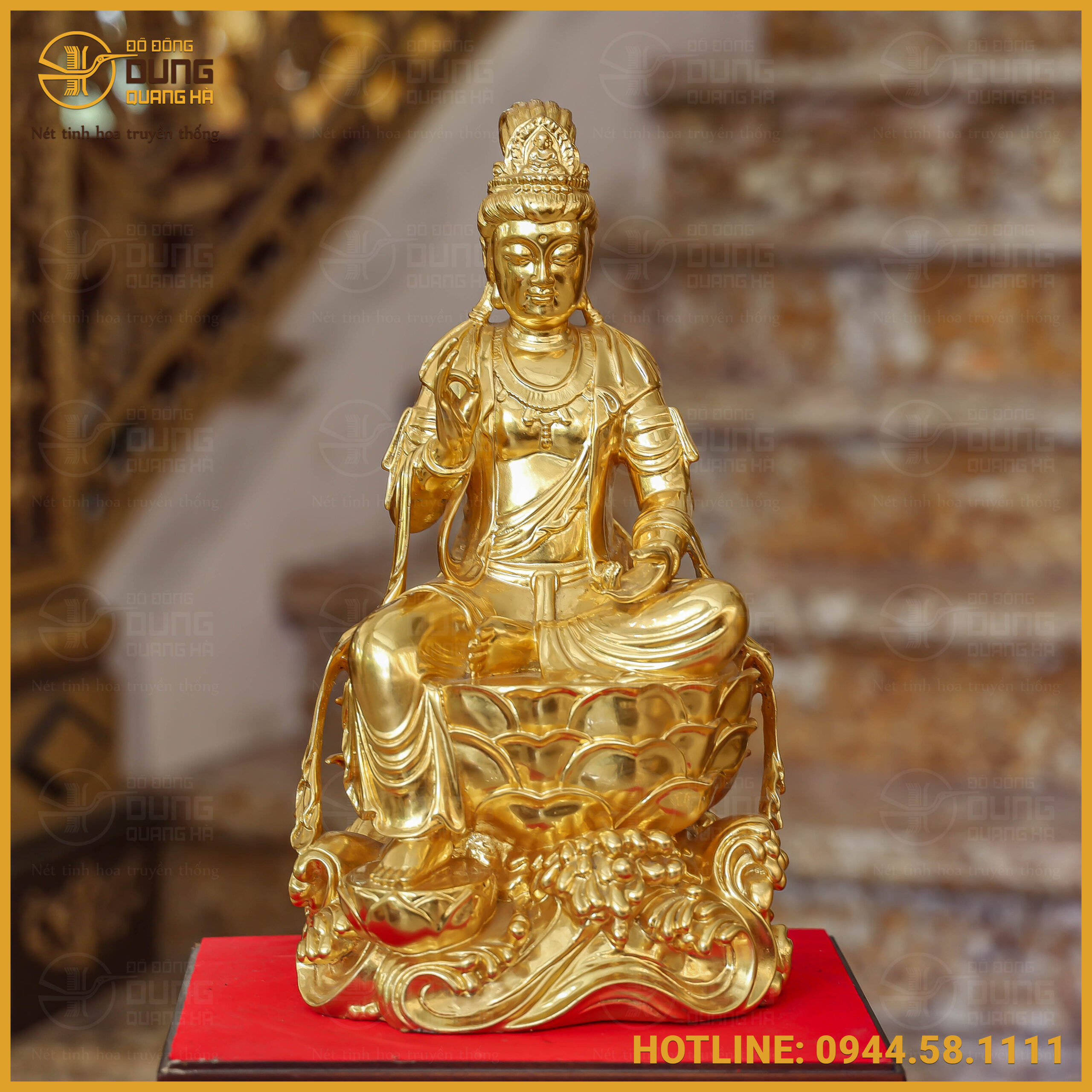 Tượng Quan Âm Tự Tại đồng đỏ dát vàng cao 38cm