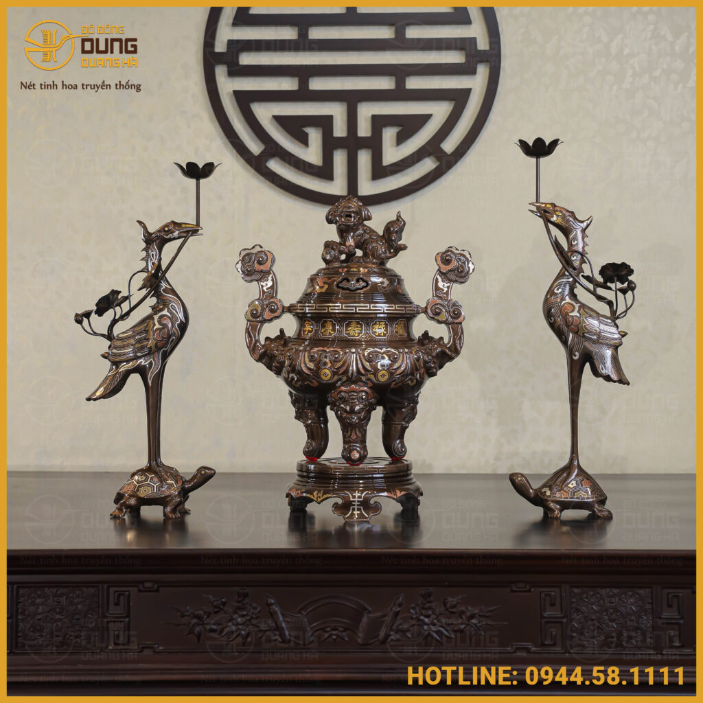 Bộ tam sự hạc đồng đỏ khảm ngũ sắc chạm sòi 50cm