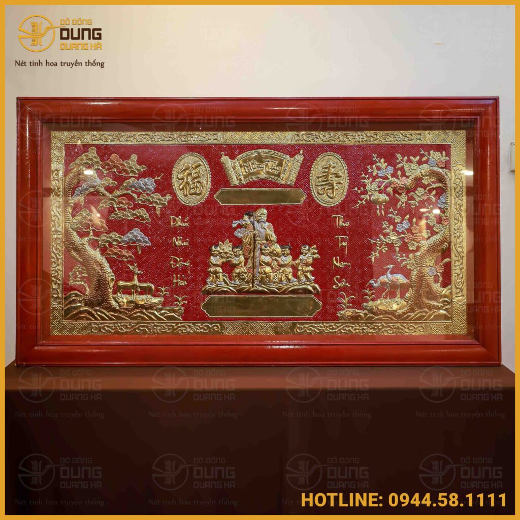 Tranh mừng thọ ông đồng vàng 65cm x 95cm khung gỗ nền đỏ 