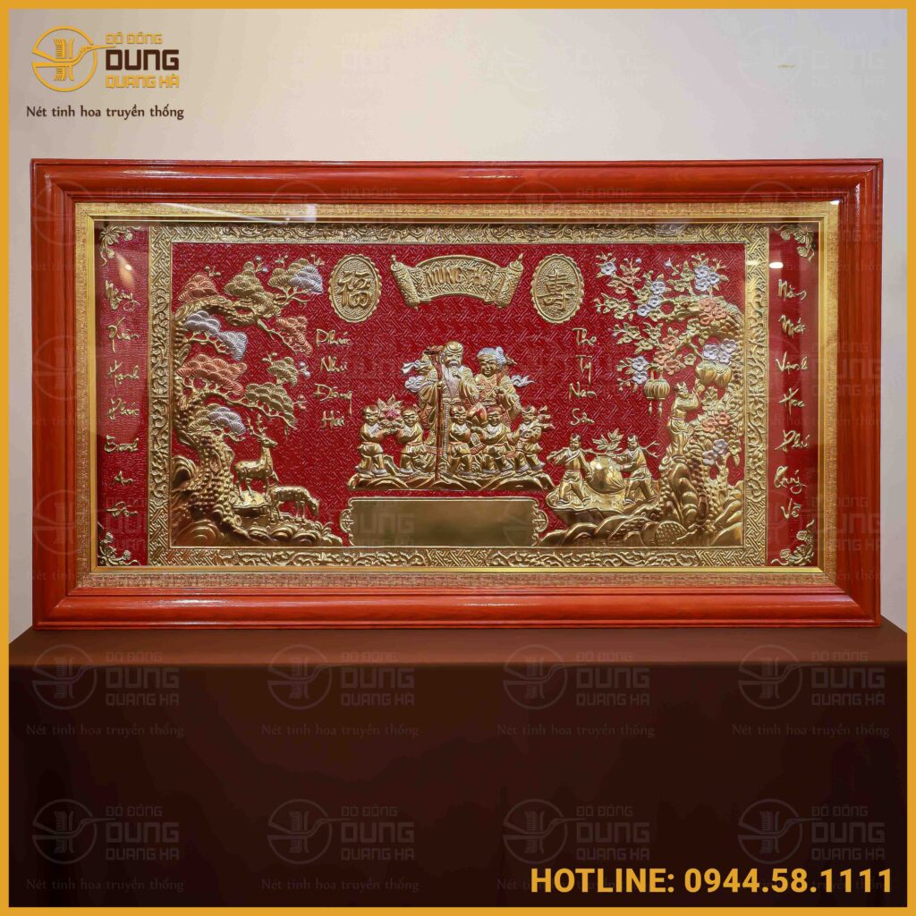Tranh mừng thọ ông bà bằng đồng 1m35x75cm khung gỗ nền đỏ