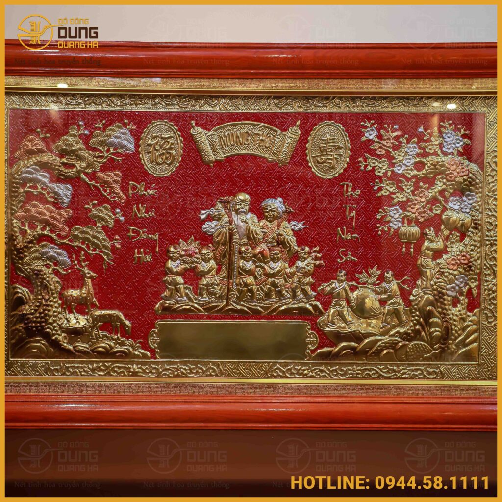 Tranh mừng thọ ông bà bằng đồng 1m35x75cm khung gỗ nền đỏ