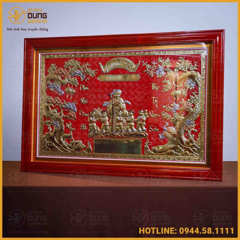 Tranh mừng thọ bà bằng đồng vàng 65cm x 95cm khung gỗ nền đỏ