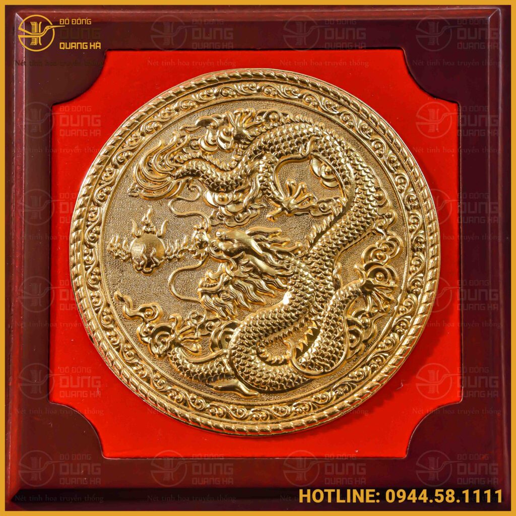 Tranh rồng đồng vàng mạ vàng cao 25cm ngang 22cm khung kính gỗ sang trọng