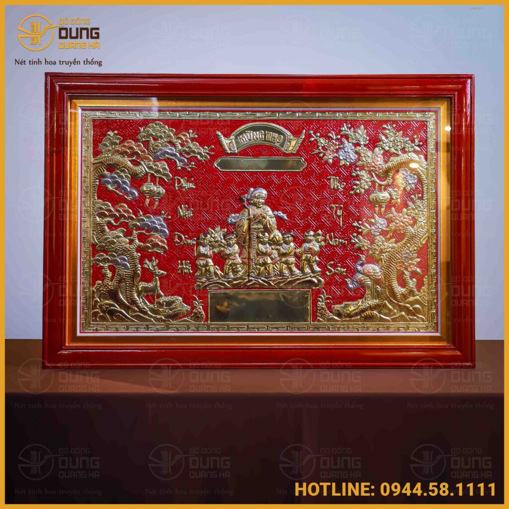 Tranh mừng thọ bà bằng đồng vàng 65cm x 95cm khung gỗ nền đỏ
