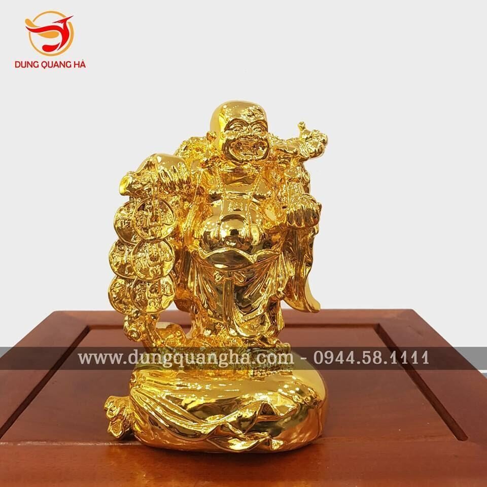 Tượng Phật Di Lặc mạ vàng cầm xâu tiền đội nón tre