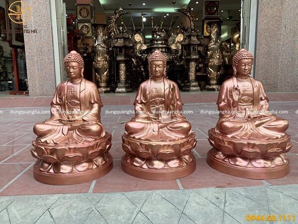 Bộ tượng Tam Thế Phật bằng đồng đỏ đẹp tôn nghiêm