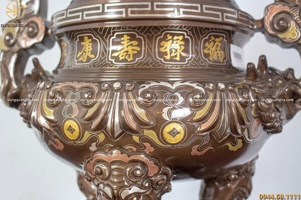 Bộ đồ thờ ngũ sự khảm ngũ sắc - đỉnh 50cm chạm sòi chữ Hán