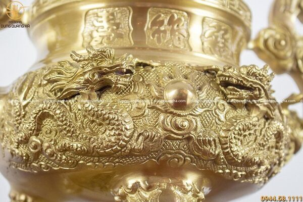 Bộ ngũ sự bằng đồng vàng mộc chạm rồng nổi cao 45cm