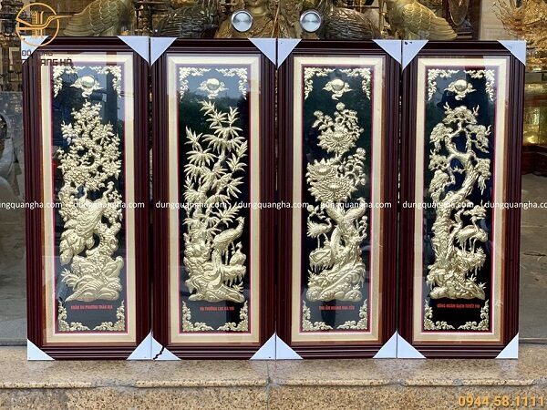 Bộ tranh Tứ quý kích thước 1m x 37cm nền đồng vàng mộc khung giả gỗ