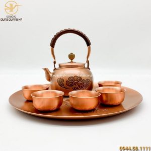 Bộ ấm chén bằng đồng đỏ mộc (mâm 29cm, ấm 18cm)