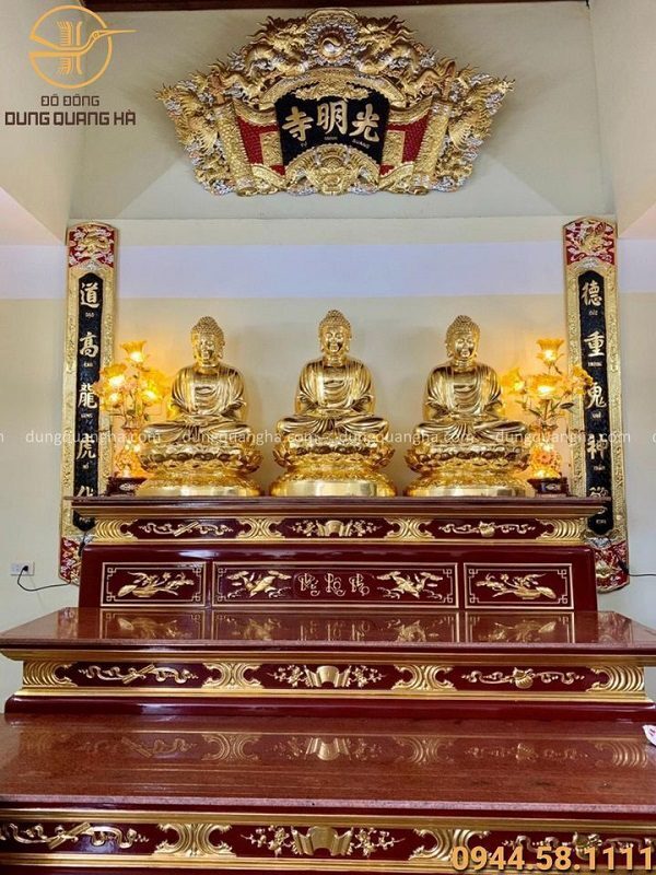 Tượng Tam Thế Phật cao 1m08 - đồng đỏ dát vàng mỗi pho nặng 180kg
