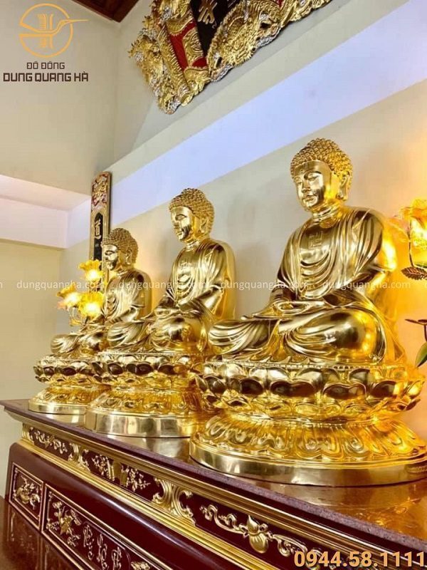 Tượng Tam Thế Phật cao 1m08 - đồng đỏ dát vàng mỗi pho nặng 180kg