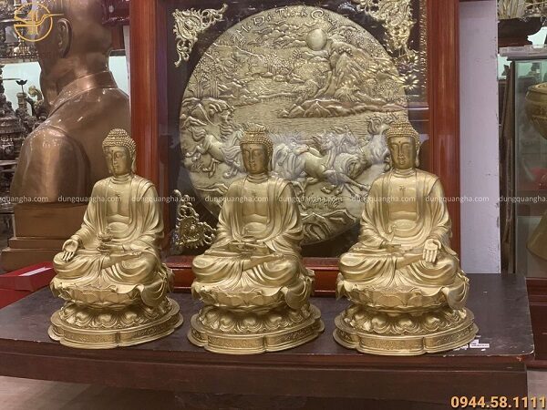 Bộ tượng Tam Thế Phật cao 42cm tôn nghiêm bằng đồng vàng