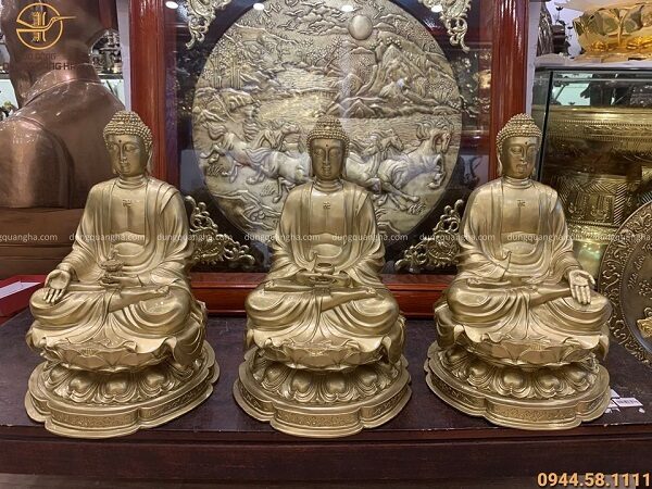 Bộ tượng Tam Thế Phật cao 42cm tôn nghiêm bằng đồng vàng