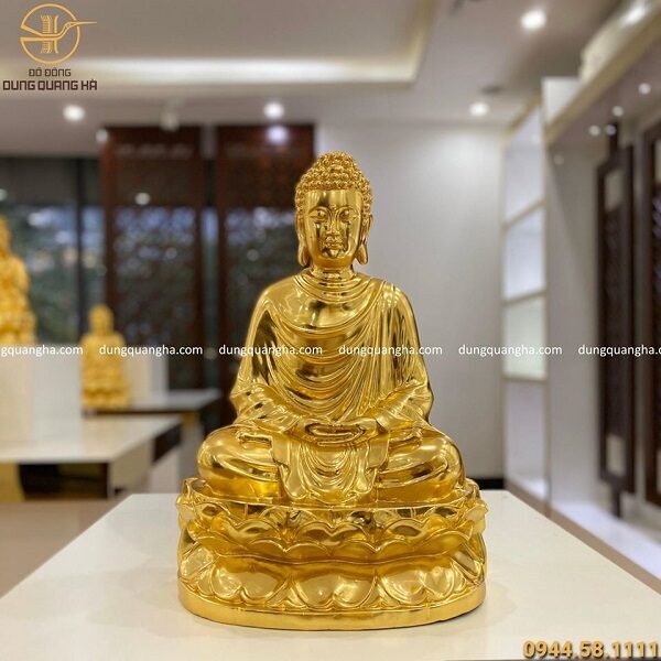 Tượng Phật Thích Ca ngồi đài sen dát vàng 9999 cao 47cm