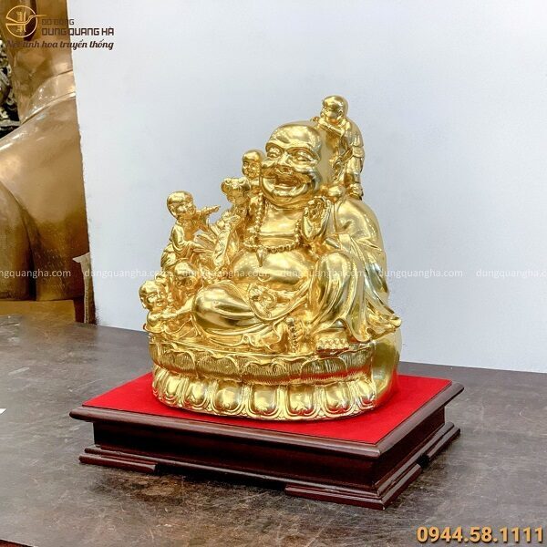 Tượng Phật Di Lặc phúc lộc và 5 em bé bằng đồng dát vàng 9999