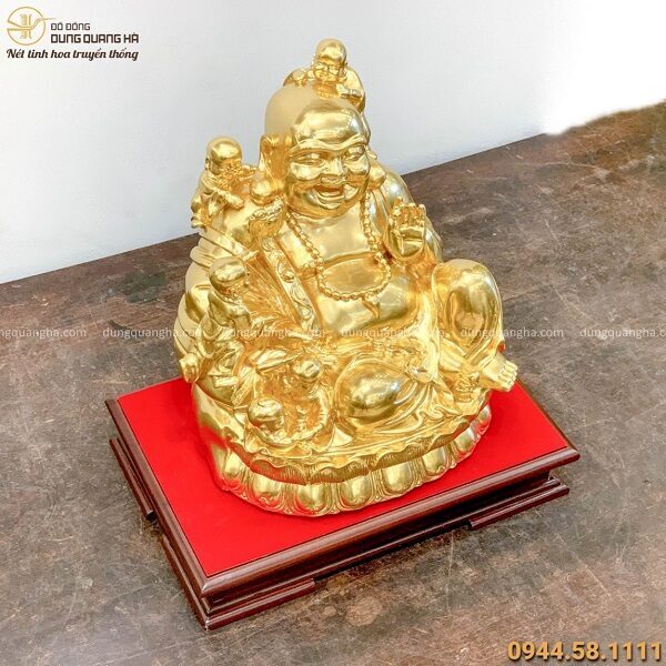 Tượng Phật Di Lặc phúc lộc và 5 em bé bằng đồng dát vàng 9999