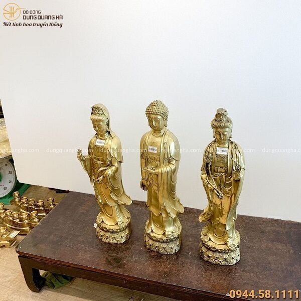 Bộ tượng Tam Thánh Phật đẹp tôn nghiêm bằng đồng vàng tinh xảo