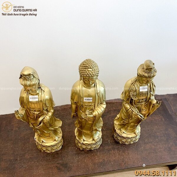 Bộ tượng Tam Thánh Phật đẹp tôn nghiêm bằng đồng vàng tinh xảo