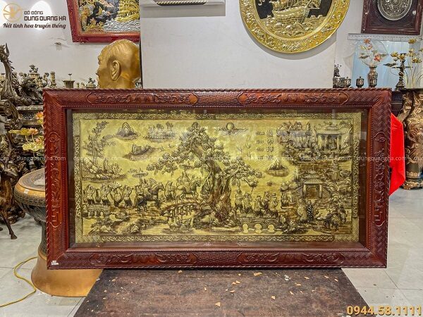 Tranh Vinh Quy Bái Tổ đồng vàng giả cổ khung gỗ hương 1m7 x 90cm