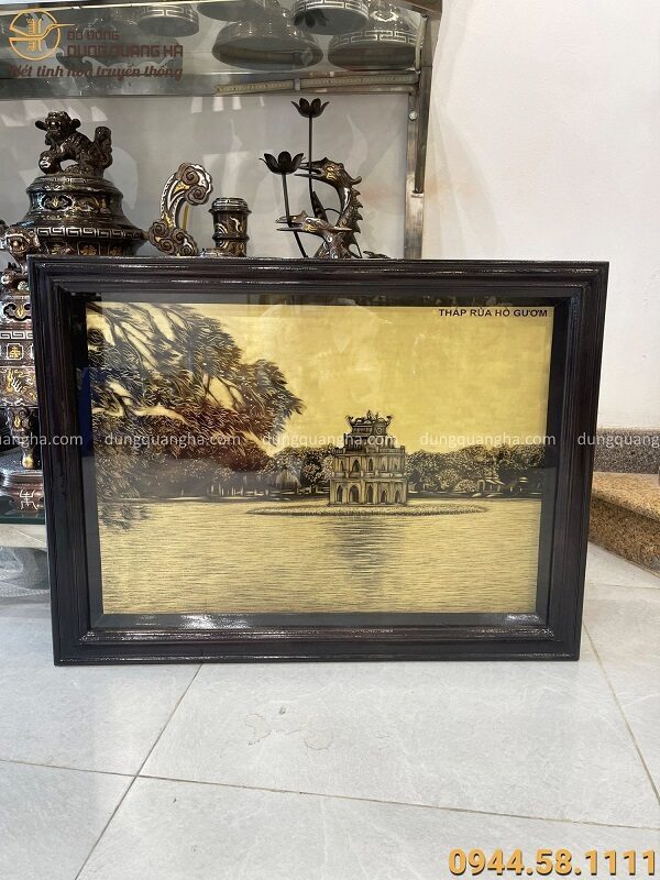 Tranh Tháp Rùa Hồ Gươm bằng đồng vàng xước giả cổ 60x80 cm