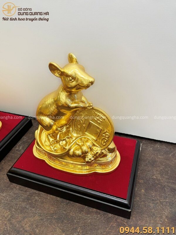 Tượng chuột vàng tài lộc bằng đồng catut thếp vàng cao 16cm