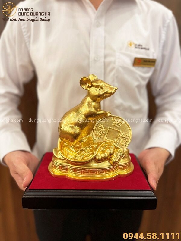 Tượng chuột vàng tài lộc bằng đồng catut thếp vàng cao 16cm
