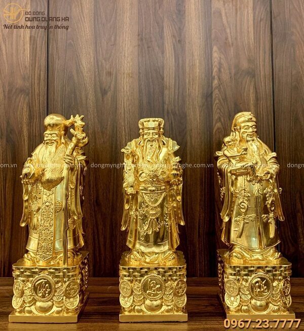 Bộ tượng Tam Đa đẹp bằng đồng vàng thếp vàng 9999 cao 40cm