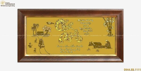 Tranh chữ cha mẹ bằng đồng dát vàng khung gỗ hương 1m7 x 90cm